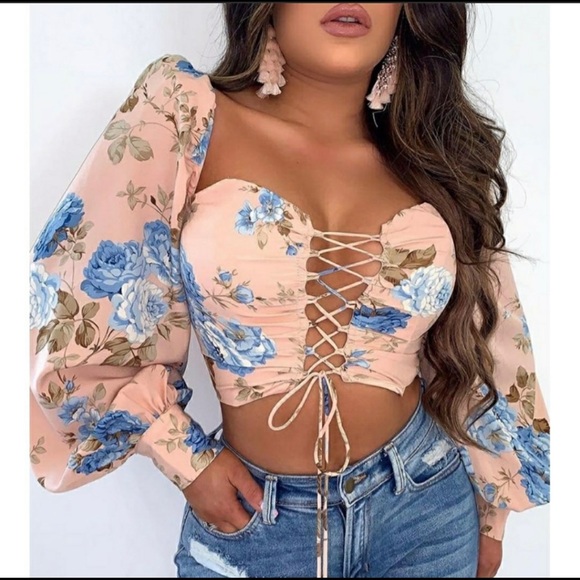 Tops - lFloral Lace-up Drawstring Crop Top Size X-Large fits like Large or Medium